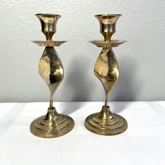 Brass Candlestick Holders Twist Design 7" Tall Made in India - Picture 1 of 10